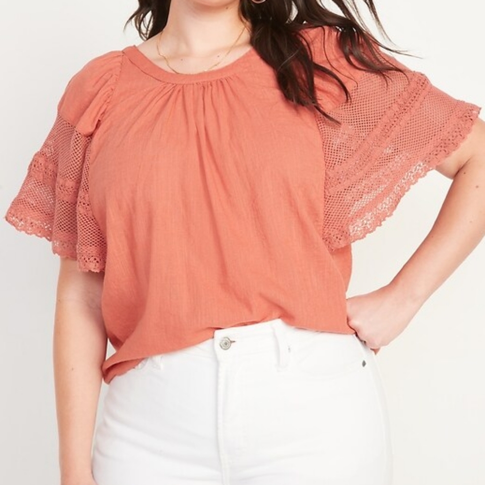 Old Navy | Crochet Lace Flutter Sleeve Swing Top Red Basil Orange Cotton Boho